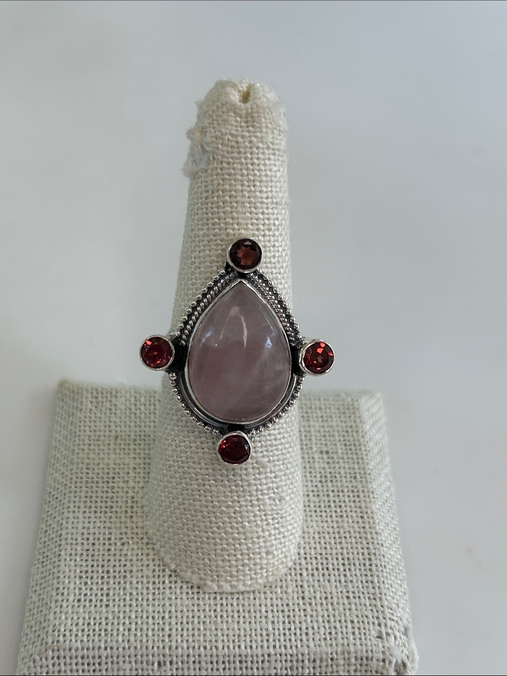 925 Sterling Silver Rose Quartz & Garnet Teardrop Statement Ring 7 3/4